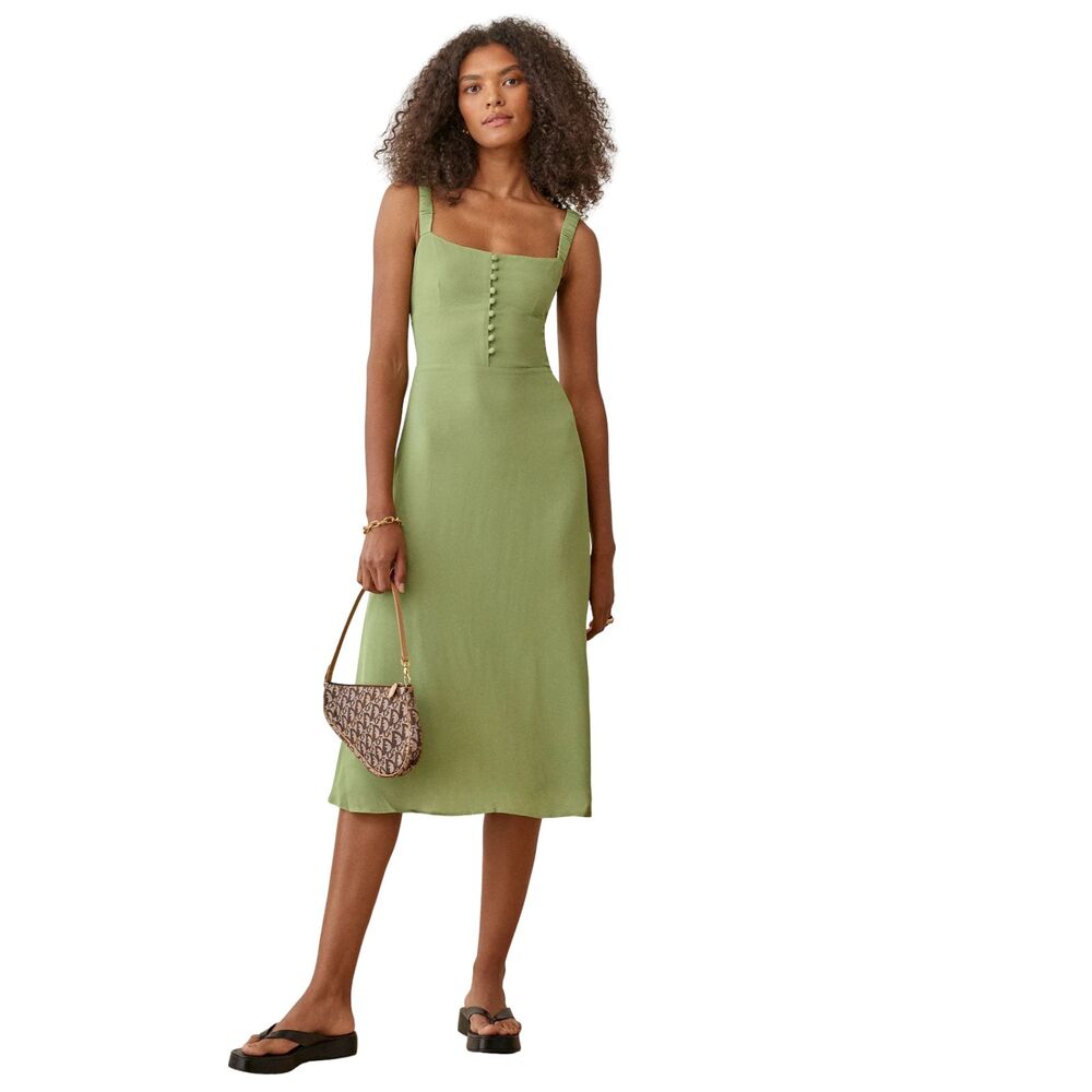 kourt NWT Reformation Camari Dress Sage Green Button Front Midi Square Neck M